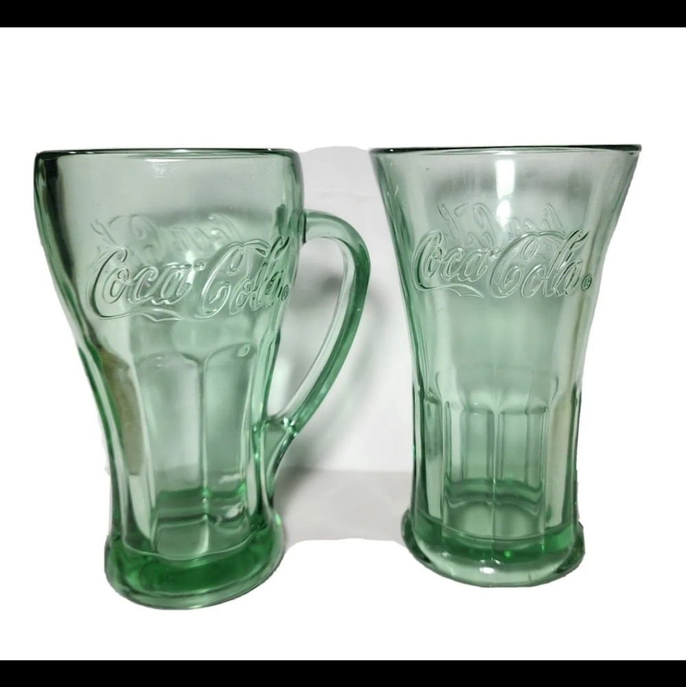 2 Vintage LIBBEY Heavy GREEN GLASS COCA COLA GLASSES MUG  16 Ounce EUC